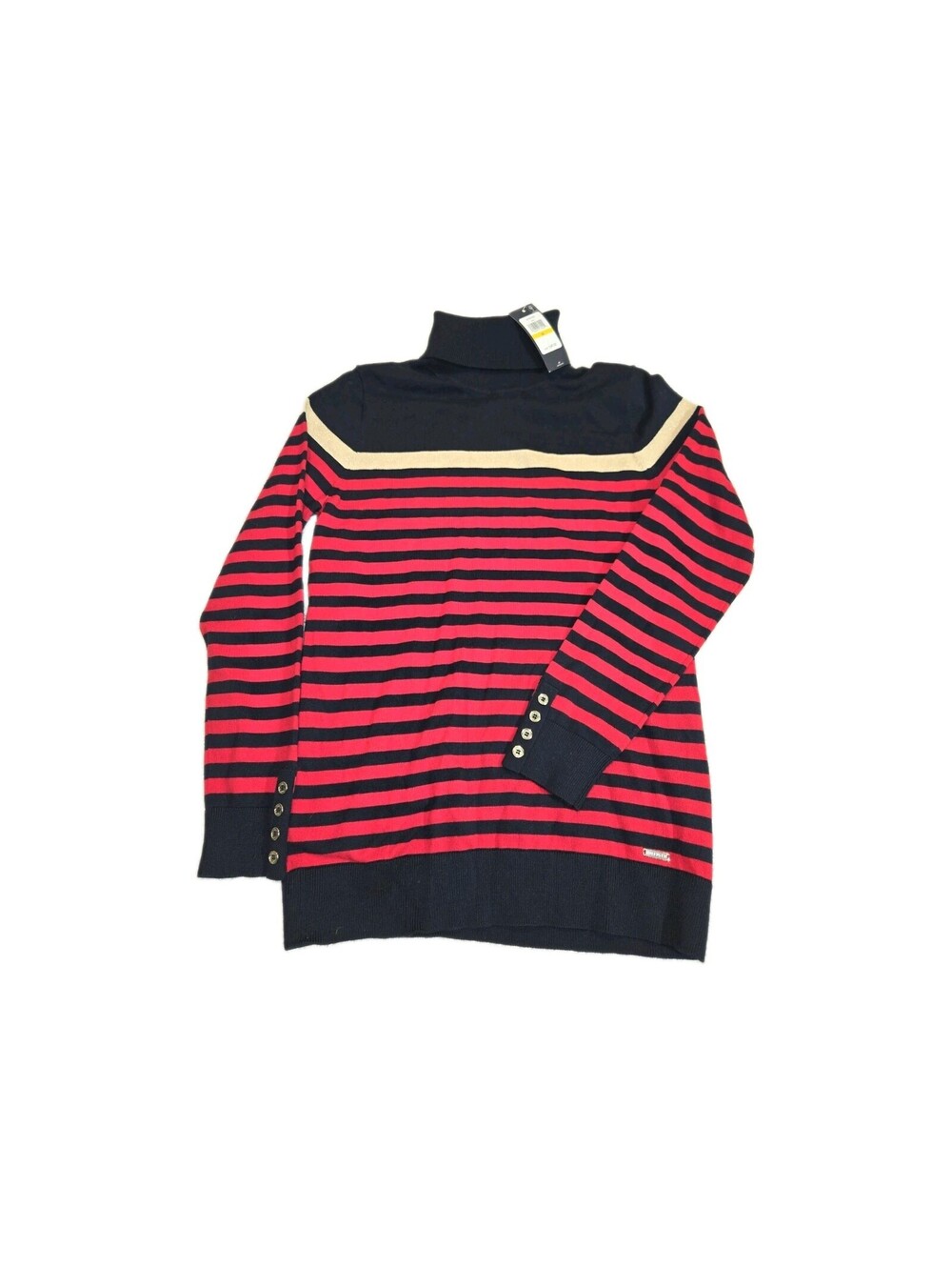Tommy Hilfiger Womens Navy Red Gold Striped Turtleneck Sweater Size M Button